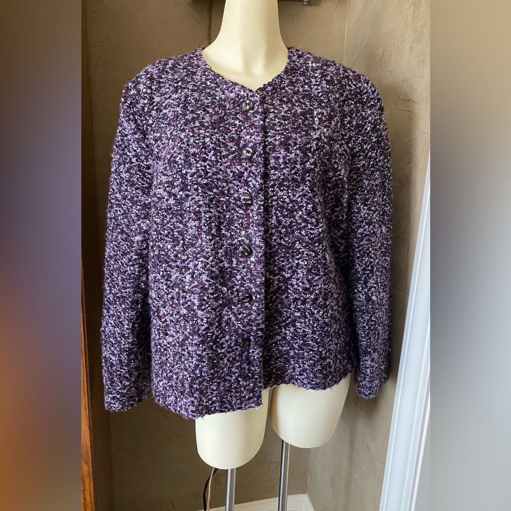 KATHIE LEE COLLECTION Purple Fuzzy Knit Jacket Soft Tweed Womens, Large